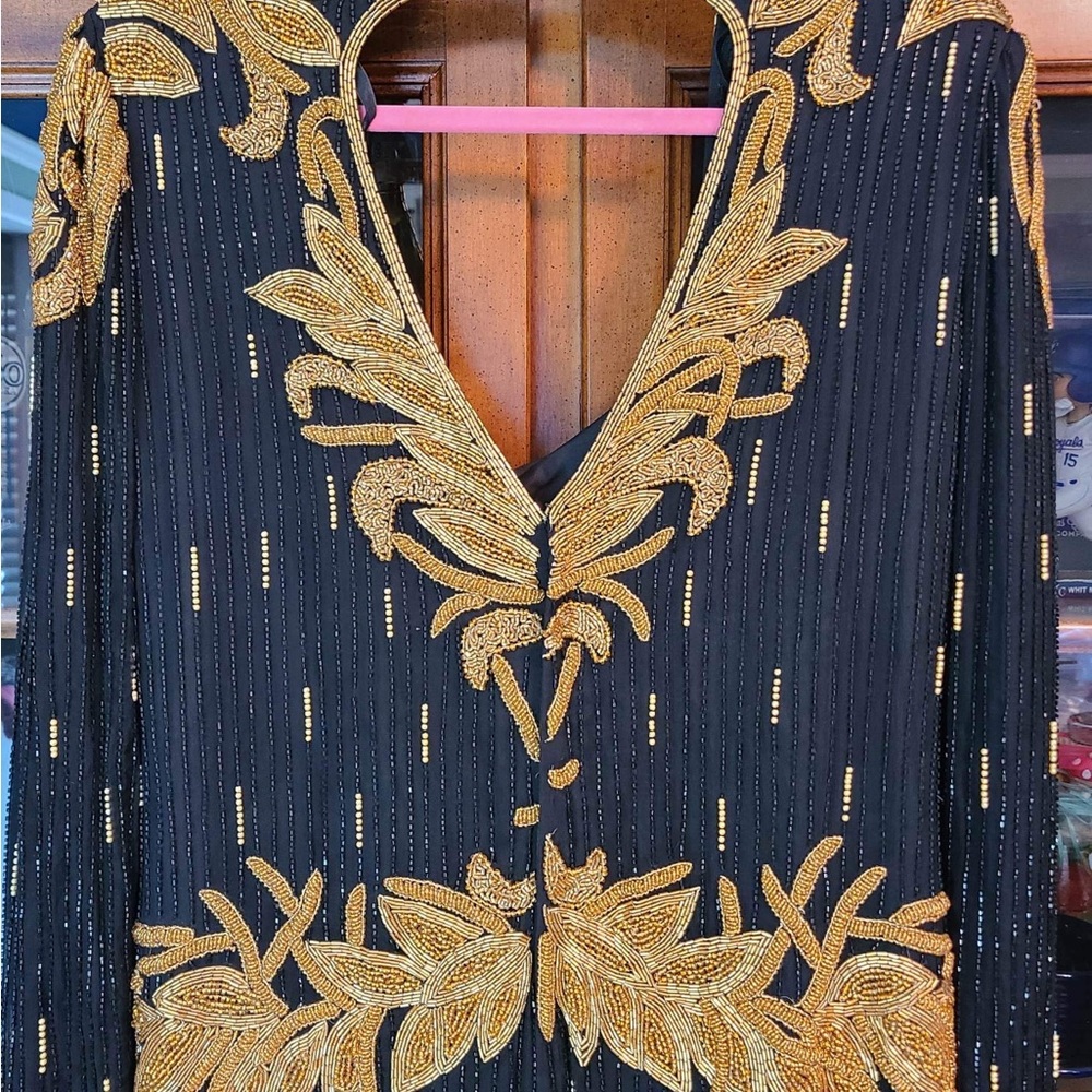 Le Monde Fashion Vintage Beaded Dress Black and Gold Party Dress~Costume~